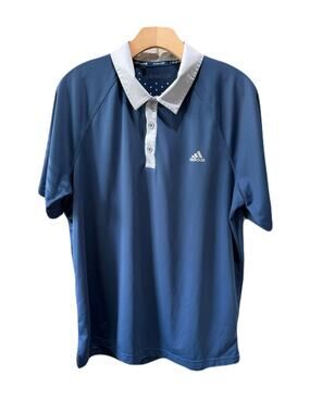 Adidas Mens Golf Casual Travel Polo Climachill Blue with Gray Collar Size Large